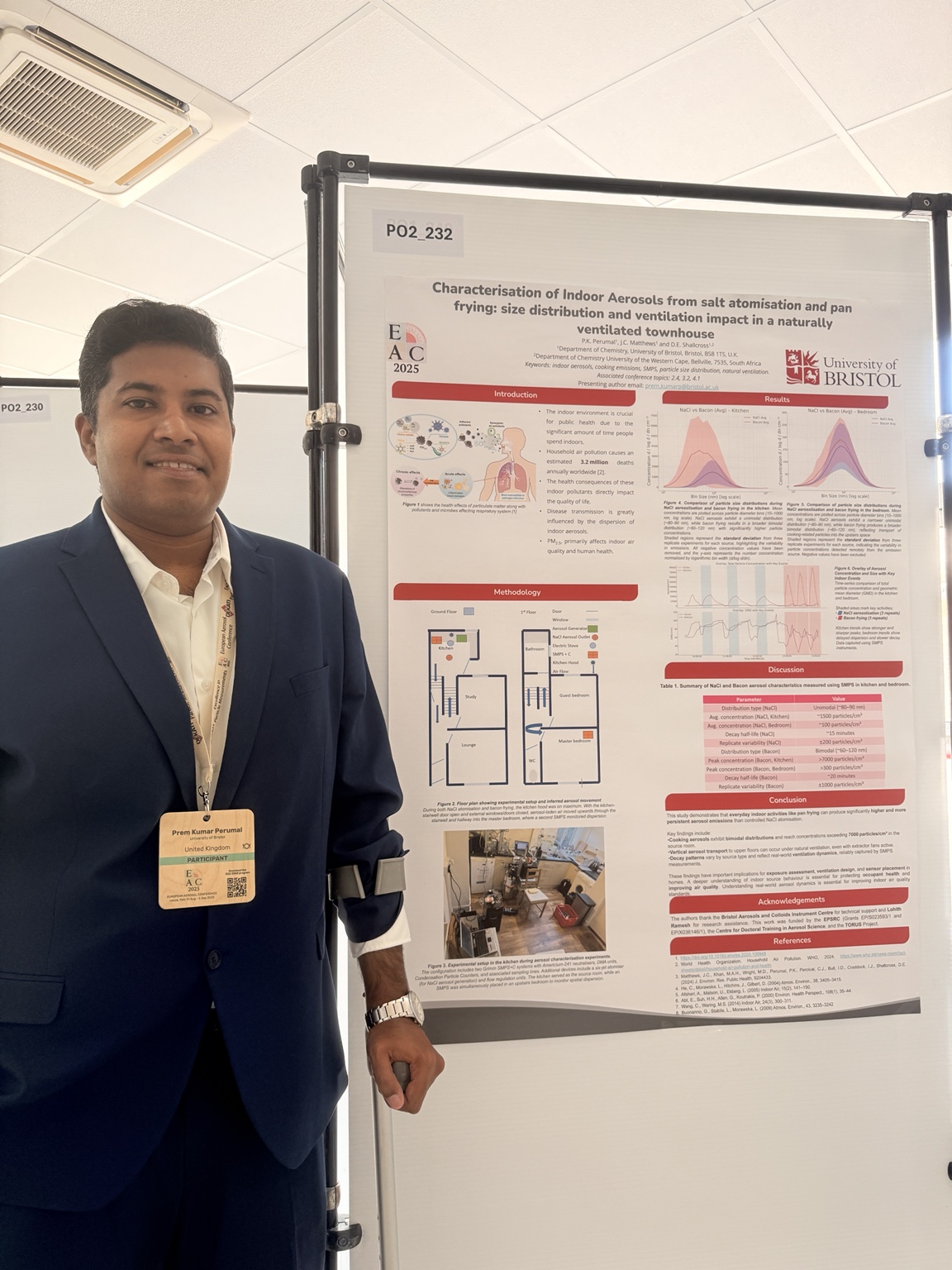 Prem Kumar Perumal beside his indoor aerosol research poster at EAC 2025