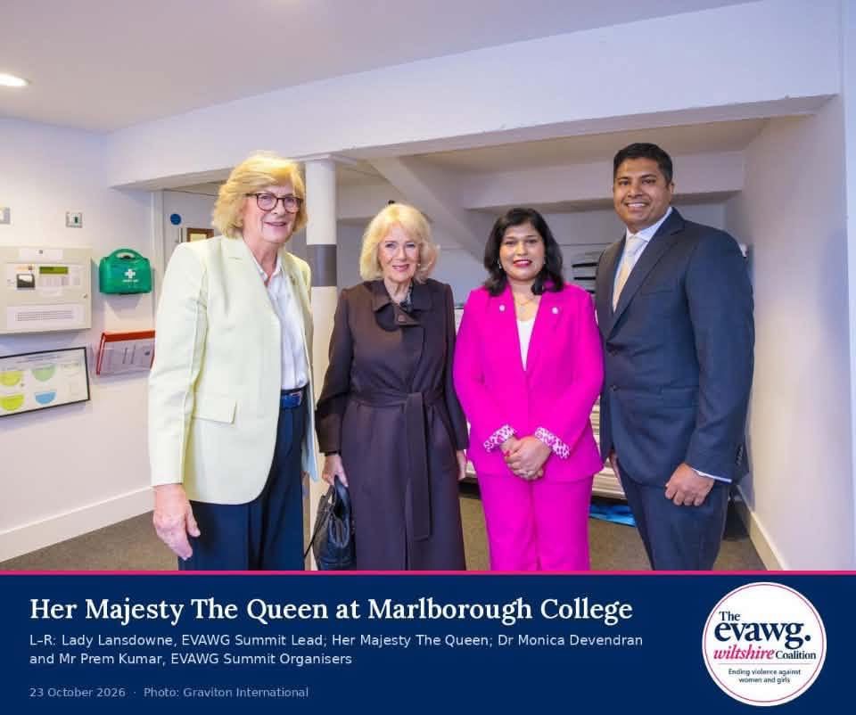 Lady Lansdowne, Her Majesty The Queen, Dr Monica Devendran and Prem Kumar at Marlborough College; caption identifies the EVAWG Summit organisers